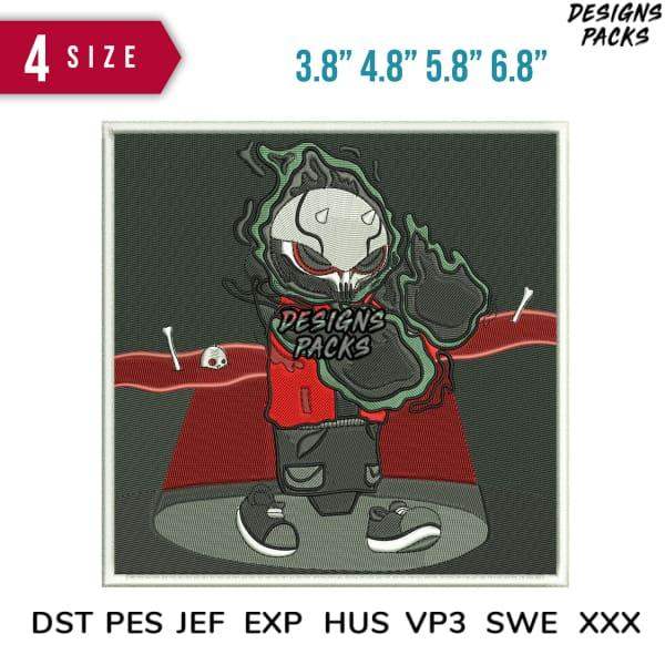 Embroidery design of spooky skull character in red cloak, available in PES, DST, JEF formats, 4 sizes