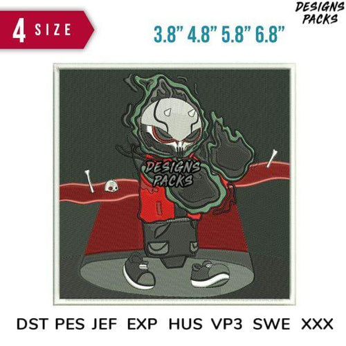 Embroidery design of spooky skull character in red cloak, available in PES, DST, JEF formats, 4 sizes