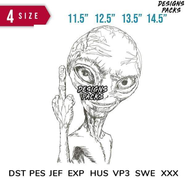 Alien design for embroidery with 4 sizes, DST PES formats, print-ready for DTG/DTF