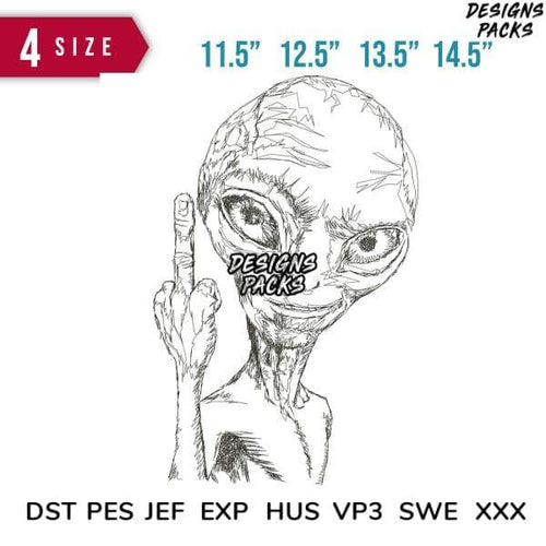 Alien design for embroidery with 4 sizes, DST PES formats, print-ready for DTG/DTF