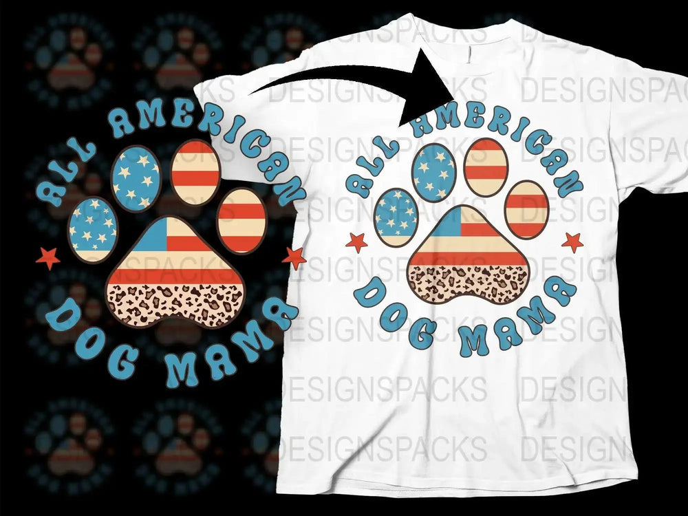 All American Dog Mama T-Shirt, Patriotic Pet Lover Gift, Stars Stripes Paw Print Tee, USA Flag Design, Casual Women's Top