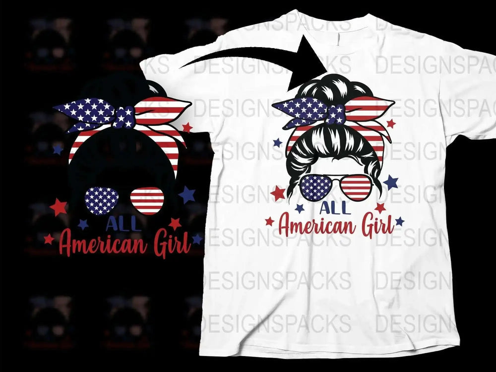 Patriotic American Girl T-Shirt, USA Flag Sunglasses, Stars Stripes Tee, Fourth of July Apparel, Women's Fashion Top