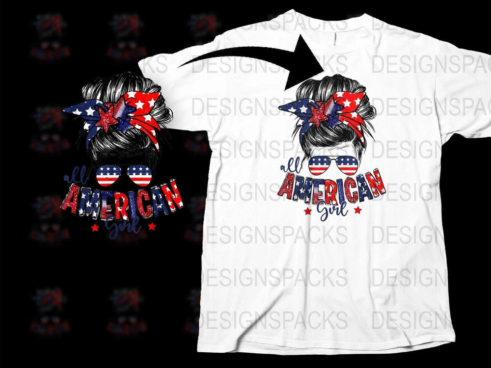 All American Girl T-Shirt, Patriotic USA Flag Sunglasses and Bow Design, Trendy Independence Day Apparel for Women and Teens