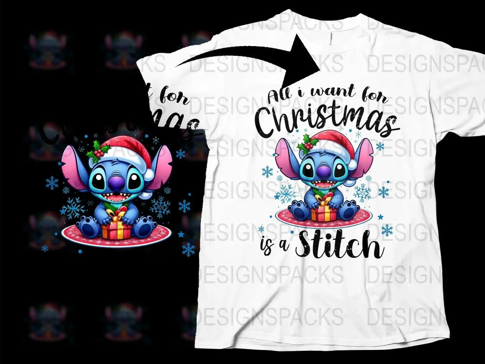 Stitch Christmas T-Shirt, All I Want for Christmas, Holiday Gift Idea, Festive Cartoon Character Tee, Winter Apparel