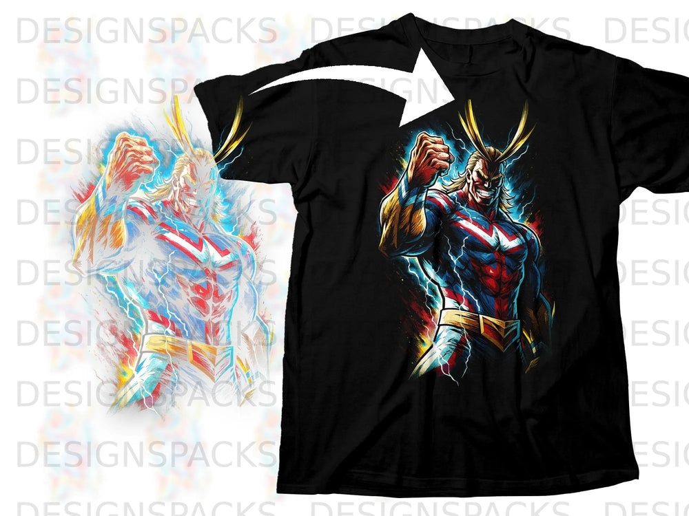 Black t-shirt featuring a vibrant All Might graphic with lightning effects.