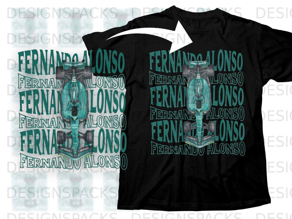 Black t-shirt with Fernando Alonso and Aston Martin Formula 1 car graphic.