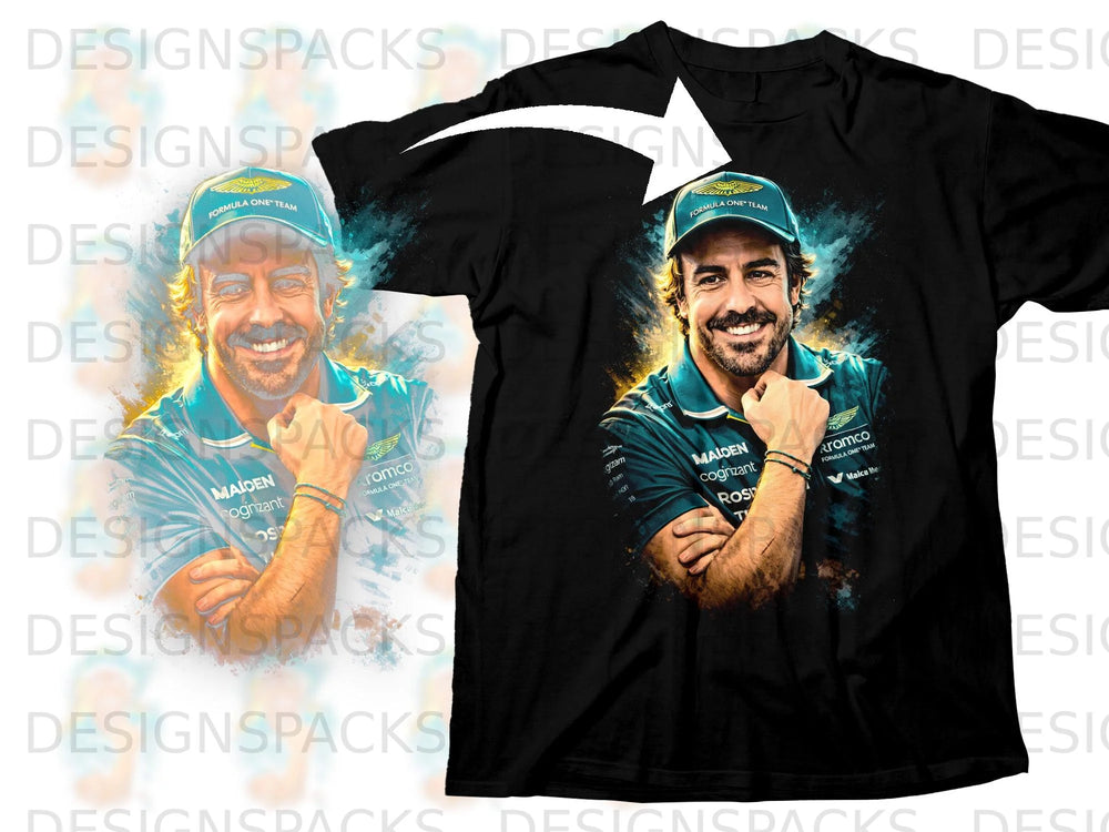 Fernando Alonso on black t-shirt with "Formula One Team" and sponsor logos.