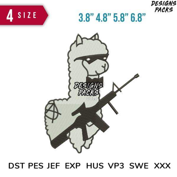 Embroidery design of a llama with sunglasses and rifle, available in 4 sizes and multiple formats like PES, DST, JEF.