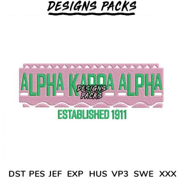 Alpha Kappa Alpha embroidery design in green and pink, established 1911, compatible with DST PES JEF formats