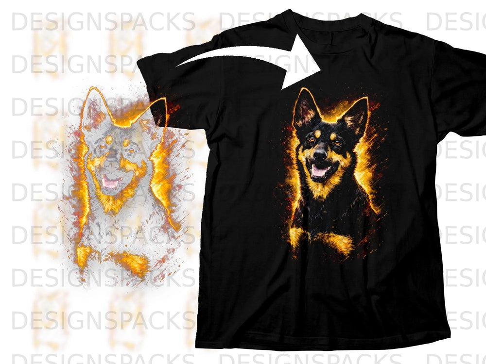 Black t-shirt with a distressed, fiery portrait of a dog.