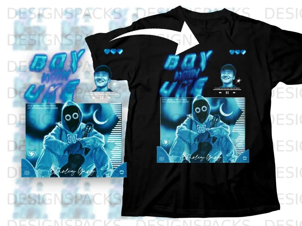 Black t-shirt with blue graphic of a masked figure holding a ukulele.