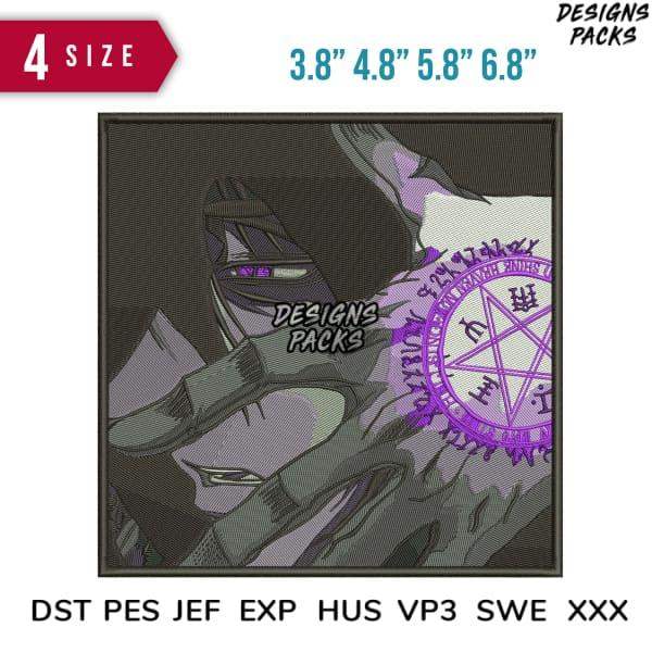 Embroidery design of hooded figure with purple pentagram, available in DST PES JEF formats, 4 sizes