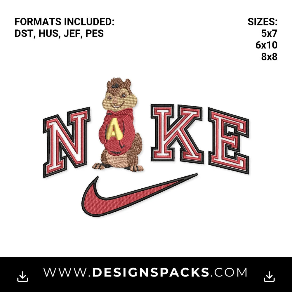 Alvin Chipmunk Nike Swoosh Logo Embroidery Design - Instant digital download pattern at Designspacks.com