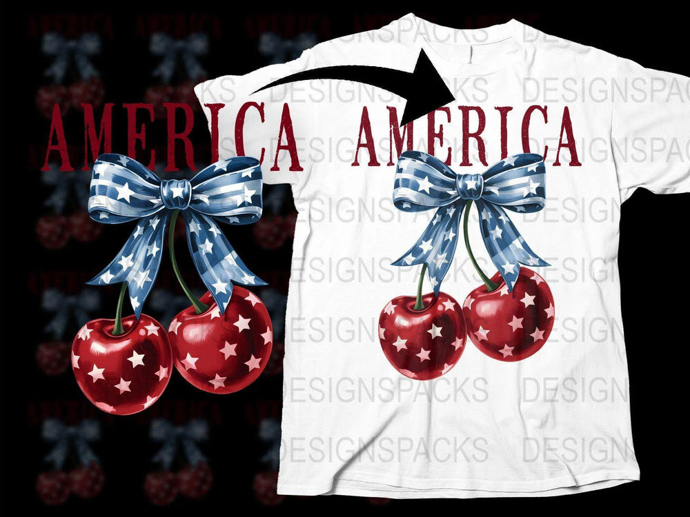 Patriotic America T-Shirt with Cherry and Bow Graphics, Red White Blue, Fourth of July Apparel