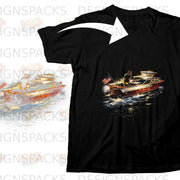 Black t-shirt with graphic of a man driving a speedboat with American flag.