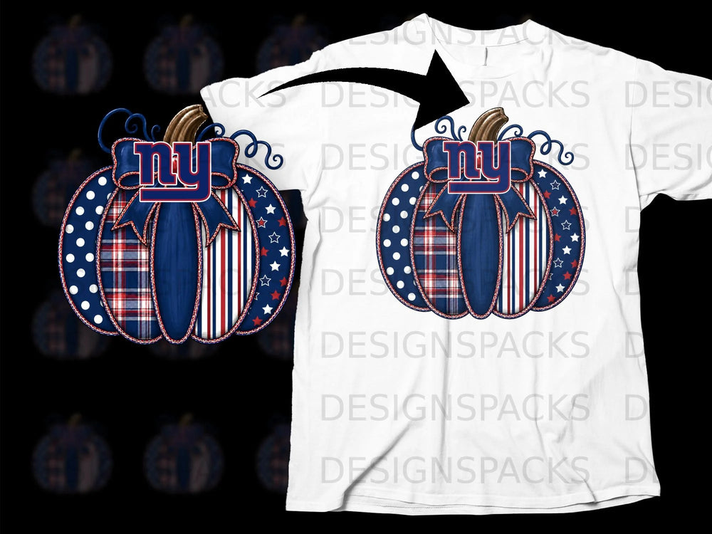 NY Giants themed pumpkin with plaid, polka dot, and striped patterns.