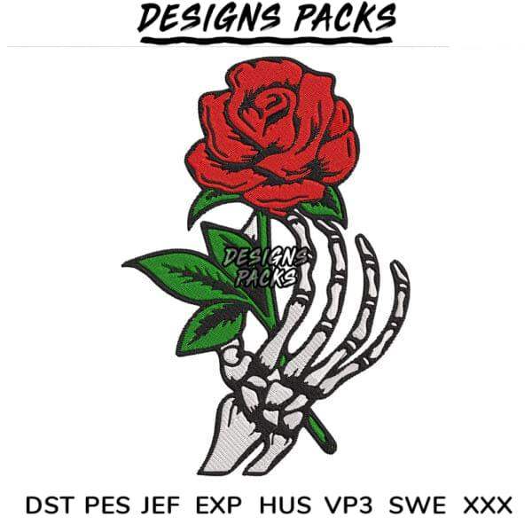 Embroidery design of skeleton hand holding red rose, available in DST PES JEF formats for instant download
