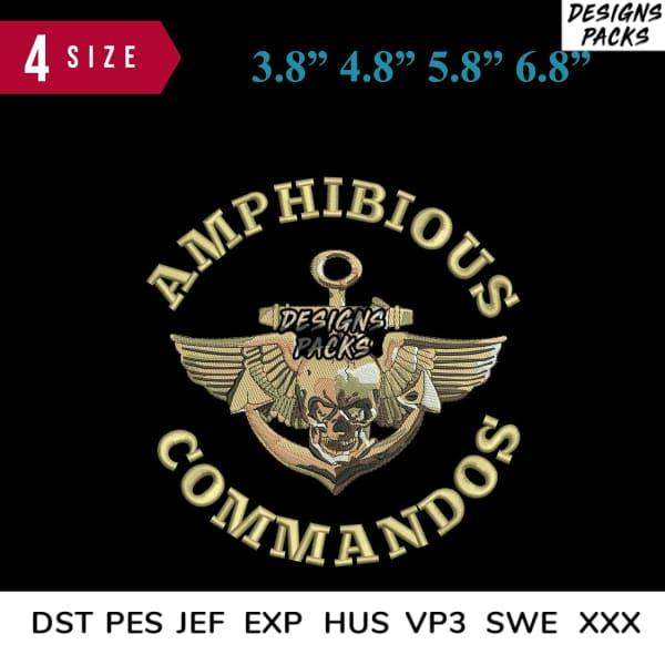 Amphibious Commandos embroidery design with skull, wings, anchor in 4 sizes, DST PES JEF formats