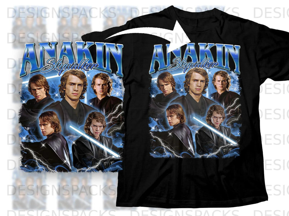 Anakin Skywalker depicted with blue lightning and lightsabers on a black t-shirt.