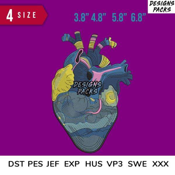 Anatomical heart embroidery design in 4 sizes, available in DST PES JEF formats for instant download.