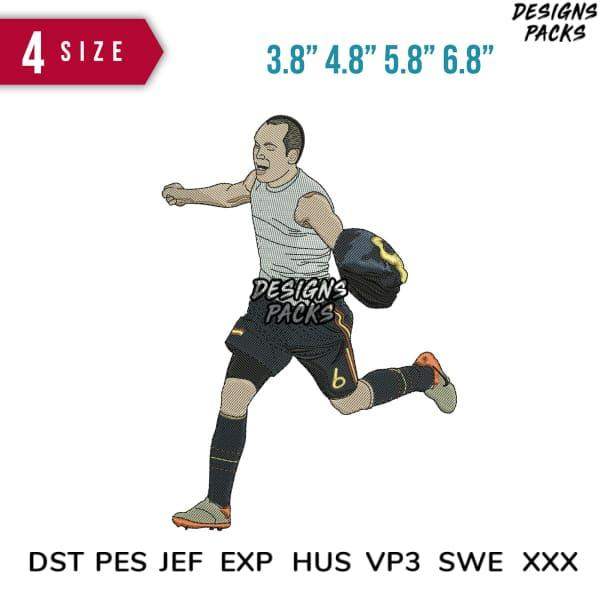 Embroidery design of soccer player in action, available in multiple sizes and formats