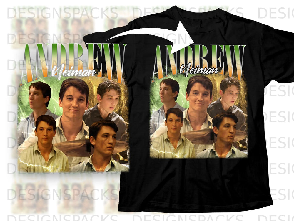 "Andrew Neiman" text overlay on a black t-shirt with multiple portraits.