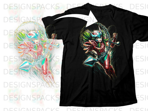 Black t-shirt with an anime character in red, green, and blue armor holding chains.