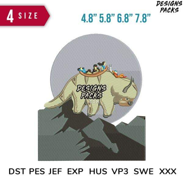 Dinosaur embroidery design with riders, available in 4 sizes and multiple formats for instant download