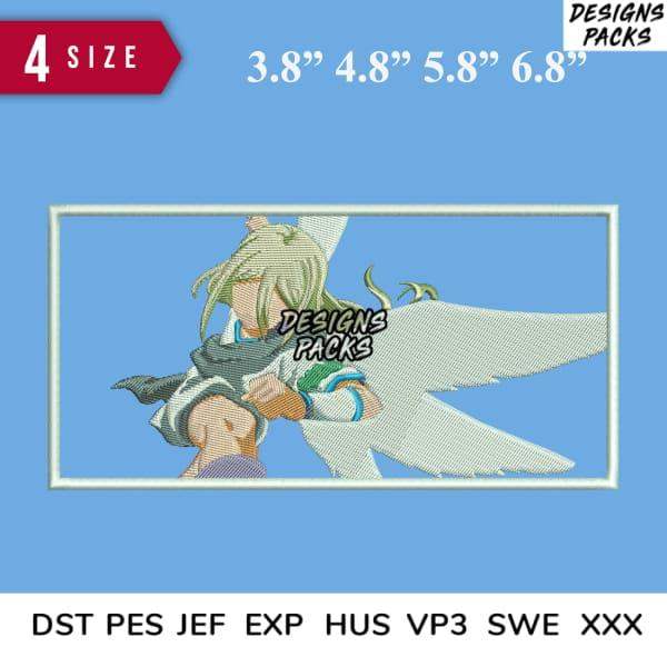 Anime angel embroidery design in 4 sizes, compatible with DST PES JEF formats for instant download.