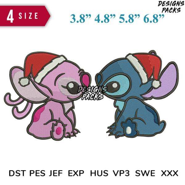 Cute pink and blue Stitch Christmas embroidery designs in 4 sizes, PES DST formats for holiday crafts