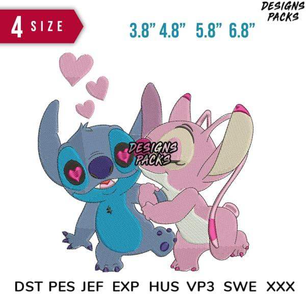 Stitch and Angel embroidery design in 4 sizes, PES DST formats, heart accents, print-ready for DTG/DTF