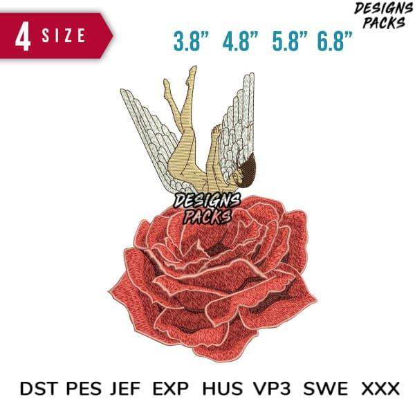 Embroidery design of angel wings over red rose, available in multiple sizes and formats