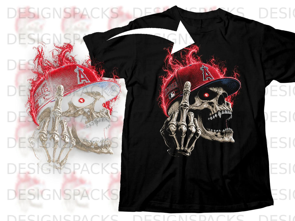 Black t-shirt with a flaming skull wearing an Angels baseball cap and giving the middle finger.