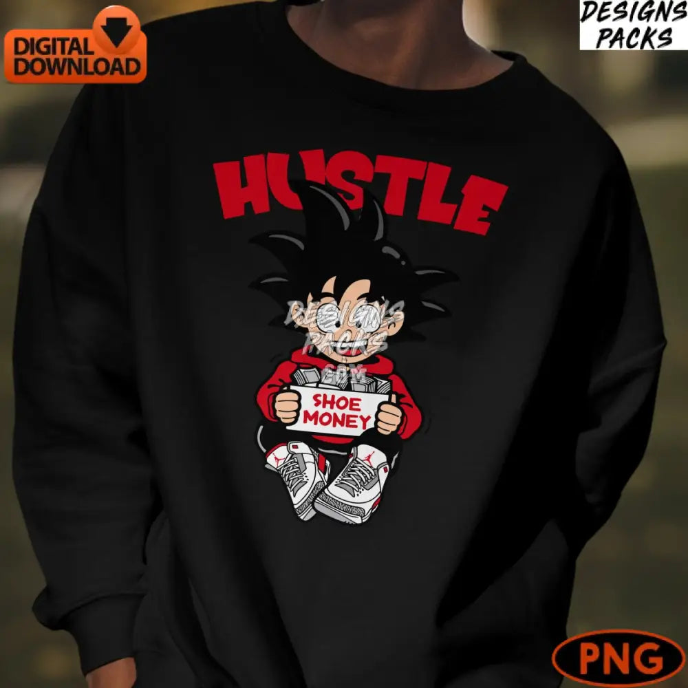 Animated Kid Holding Shoe Money Hustle Phrase Digital Png