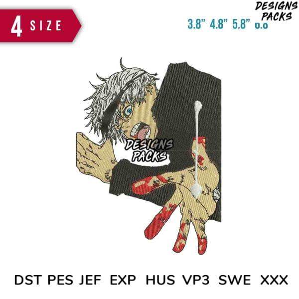 Anime-style embroidery design with blood-stained hands, available in PES, DST, JEF formats for instant download