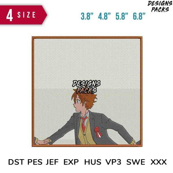 Anime-style embroidery design of a boy in suit, available in 4 sizes & multiple formats for instant download.