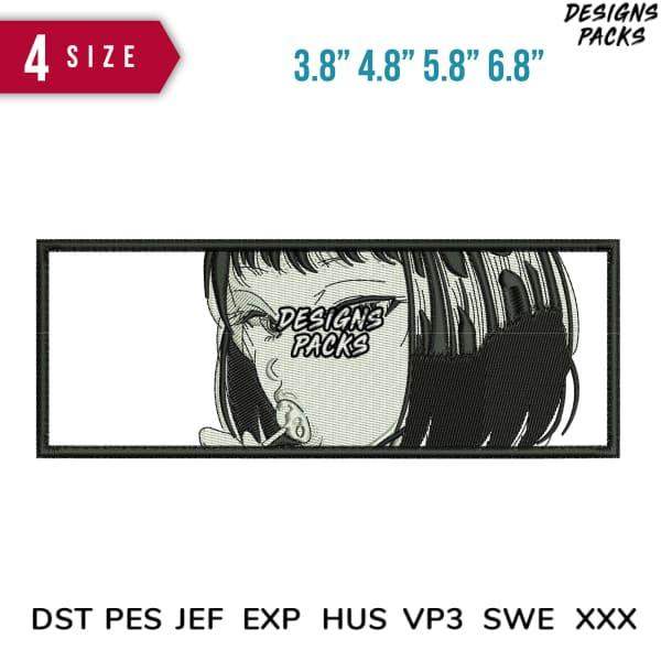Anime-style embroidery design with 4 size options, available in DST PES JEF formats for instant download