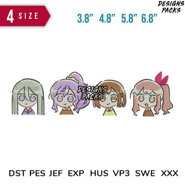 Four anime-style embroidery designs in 3.8 to 6.8 inch sizes, available in DST, PES, JEF formats.