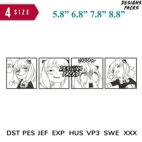 Anime girl embroidery designs in 4 sizes, compatible with DST PES JEF formats for instant download.