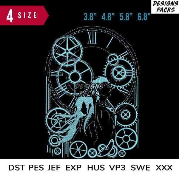 Steampunk clock design with gears, available in DST PES formats for embroidery