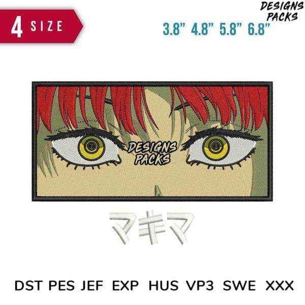 Anime eye embroidery design with red hair, available in 4 sizes, DST PES JEF formats for instant download