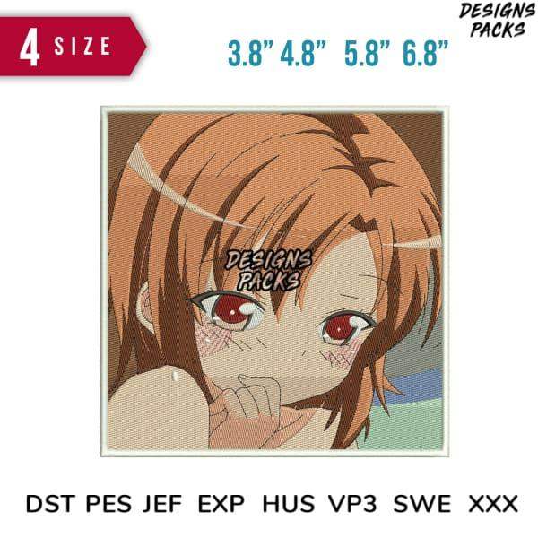 Anime girl embroidery design in 4 sizes, compatible with DST PES JEF formats for machine stitching