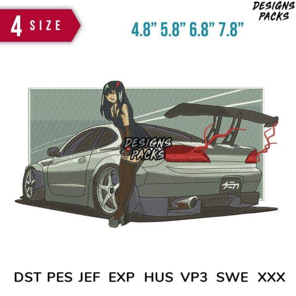 Anime girl leaning on sports car embroidery design in 4 sizes, DTF/DTG print-ready formats