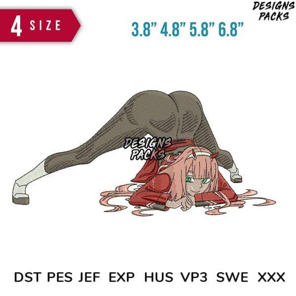 Anime girl in red hoodie, stretching pose — embroidery design in DST PES EXP formats, 4 sizes