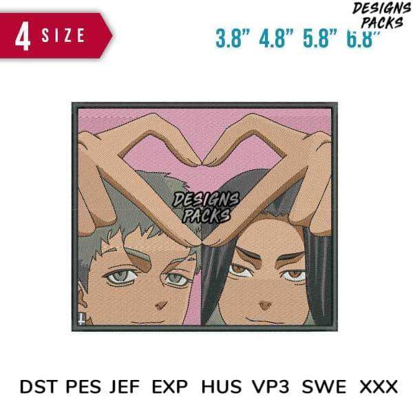 Embroidery design of couple making heart with hands, available in PES, DST, EXP formats for instant download