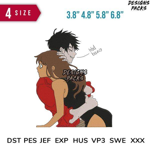 Anime couple hug embroidery design in 4 sizes, DST PES JEF formats for instant download