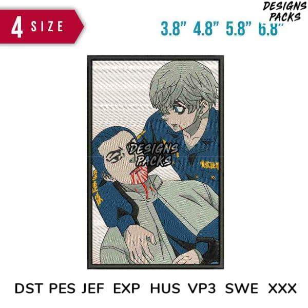 Anime-style embroidery design with two characters, available in multiple sizes and formats