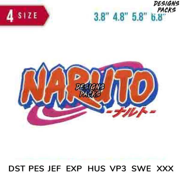 Naruto anime logo embroidery design in 4 sizes, compatible with DST PES JEF formats for instant download