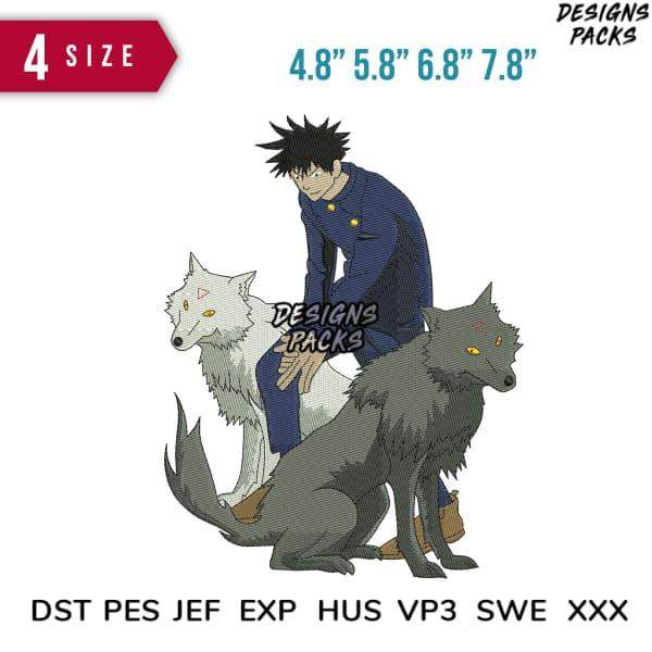 Anime character with wolves, embroidery design in DST PES formats, 4 sizes available