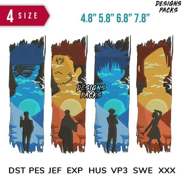 Anime-style embroidery designs in 4 sizes, print-ready formats including PES, DST, EXP for DTG & DTF